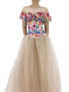 Retro Floral Print Off Shoulder Overbust Corset Layered Maxi Tulle Skirt