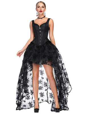 Victorian Gothic Black Tank Overbust Corset with Organza High Low Skirt Sets