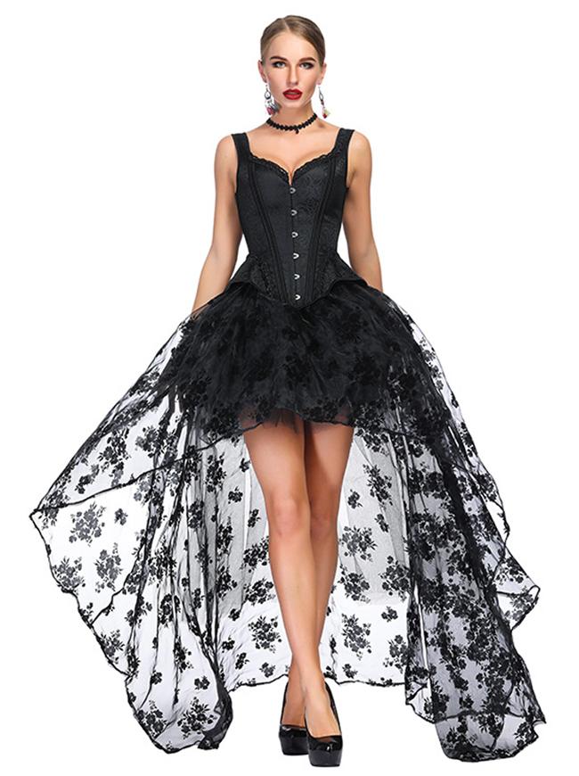 Victorian Gothic Black Tank Overbust Corset with Organza High Low Skirt Sets