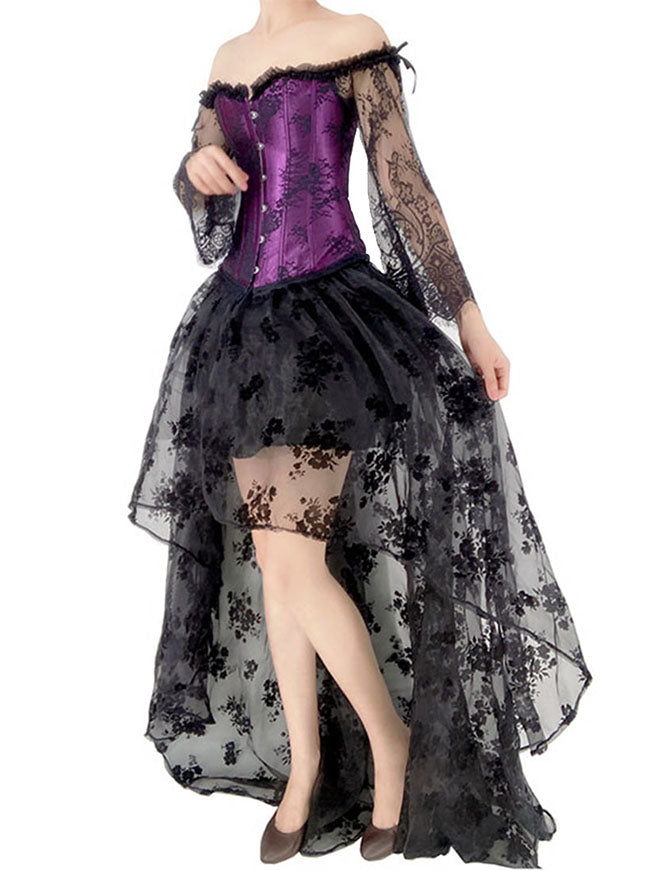 2 Pcs Set Victorian Floral Lace Sleeves Corset Top with Organza High Low Skirt