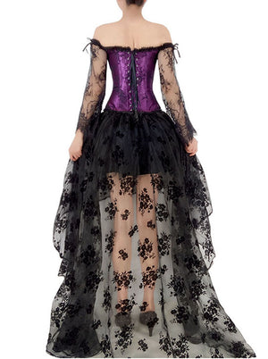 2 Pcs Set Victorian Floral Lace Sleeves Corset Top with Organza High Low Skirt