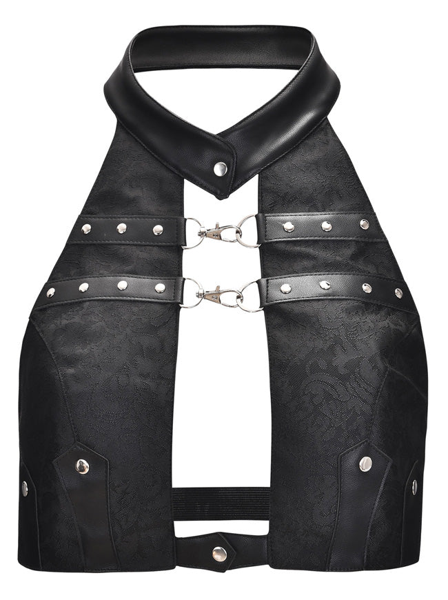 Women's Steampunk Jacquard Halter Sleeveless Backless Leather Accessory