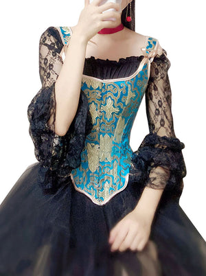 Gothic Steel Boned Corset and Long Sleeves Lace Ruffle Blouse with Tutu Skirt