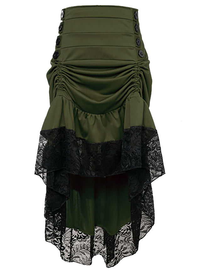 Ruffled High-low Skirt Women Vintage Gothic High Waist Button Lace Trim Skirt