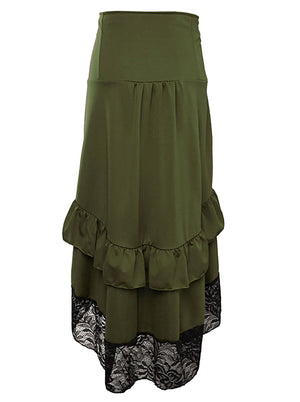 Ruffled High-low Skirt Women Vintage Gothic High Waist Button Lace Trim Skirt