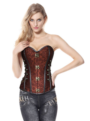 Steampunk Gothic Steel Boned Brocade Overbust Corset with Chains