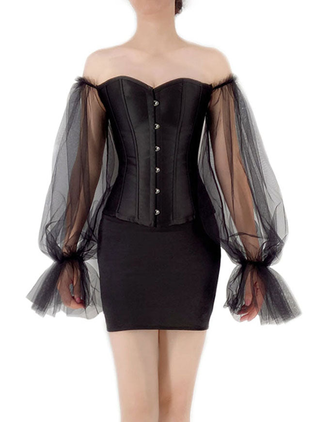 Gothic Off-shoulder Sleeves Bustier Corset with Elastic Tight Mini Skirt Set