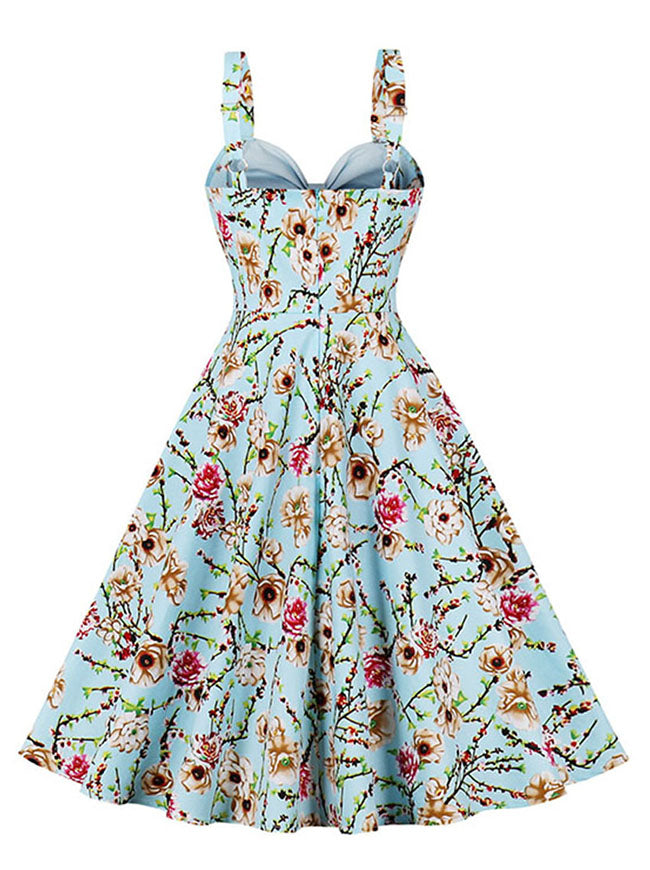 1950s Vintage Sweetheart Bowknot Bodice Floral Print Swing Dress