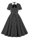 Classic Lapel Tie Short Sleeve Plaid Print A-line Swing Dress