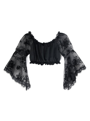 Women Casual Floral Long Sleeves Off Shoulder Ruched Ruffled Blouse Crop Top