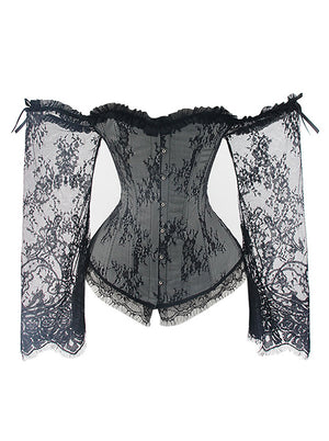 Women's Gothic Off-shoulder Overbust Corset with Long Floral Lace Sleeve