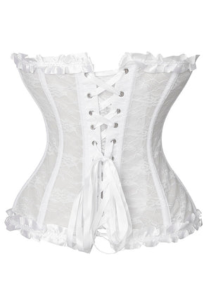 Victorian Burlesque Gothic Floral Mesh Zipper Overbust Bustier Corset For Women White