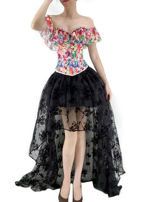 Vintage Floral Print Off Shoulder Corset with High Low Skirt Set for Women