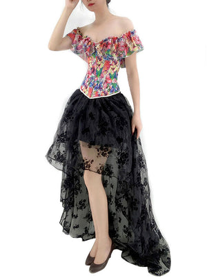 Vintage Floral Print Off Shoulder Corset with High Low Skirt Set for Women