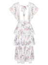 Vintage Floral Print Square Neckline High Waist Layered Dress with Flutter Sleeve