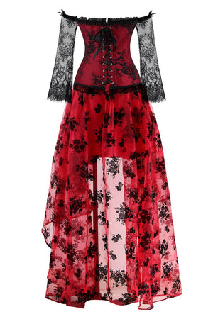 Women's Red Victorian Plus Size Lace Corset Long Sleeve Skirt Set