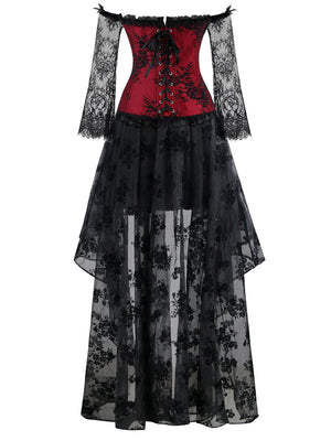 Gothic Red Long Floral Sleeve Off-Shoulder Corset Organza Skirt Set