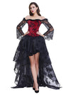 Gothic Red Long Floral Sleeve Off-Shoulder Corset Organza Skirt Set